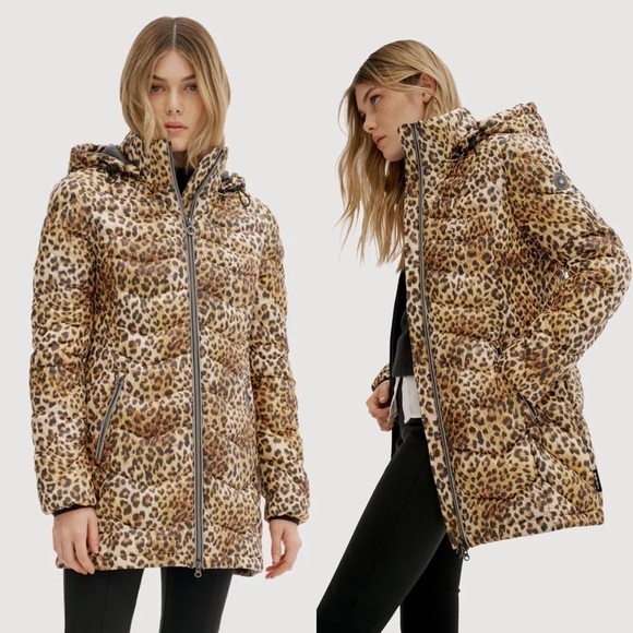 NWT Noize Vegan Claire Mid Length Puffer Coat Citrine Cheetah - Picture 1 of 14